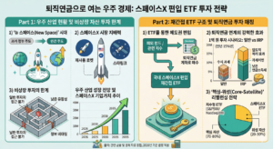 [이미지 메인 제목: 퇴직연금으로 여는 우주 경제: 스페이스X 편입 ETF 투자 전략]

[왼쪽 패널 핵심 요약] 민간 주도의 '뉴 스페이스' 시대 도래와 스페이스X의 시장 지배력(재사용 로켓, 스타링크)을 시각화했습니다. 과거 정부 주도에서 민간 중심으로 변모하는 산업 현황을 짚어보고, 일반 개인 투자자가 겪었던 비상장 자산 투자의 한계(낮은 유동성, 높은 진입 장벽)와 2026년까지 가속화되는 우주 산업의 폭발적인 성장 전망 그래프를 제시합니다.

[오른쪽 패널 핵심 요약] 재간접 ETF 구조를 통해 비상장 자산인 스페이스X를 퇴직연금(DC/IRP)에 편입하는 구체적인 솔루션을 제안합니다. 일반 계좌 대비 IRP 계좌 투자 시의 압도적인 과세이연 및 복리 효과를 1억 원 투자 시나리오로 비교 분석하며, 전체 자산의 70~80%는 지수형 핵심 자산으로, 20~30%는 우주 ETF와 같은 위성 자산으로 구성하는 '핵심-위성(Core-Satellite) 리밸런싱 전략'을 강조합니다.