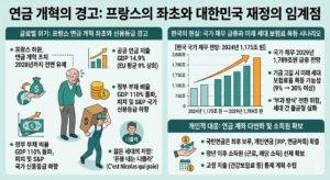 연금 개혁의 경고: 프랑스의 좌초와 대한민국 재정의 임계점 인포그래픽. 좌측 패널은 프랑스가 연금 개혁을 2028년으로 유예하며 국가 부채 비율 110% 돌파 및 신용등급 하향 조정을 겪는 글로벌 사례와 젊은 세대의 강력한 저항을 보여줍니다. 우측 패널은 한국의 국가 채무가 2029년 1,789조 원까지 급증하는 현실과 기금 고갈 시 미래 세대 보험료가 30% 이상 폭등할 수 있는 위기 시나리오를 제시합니다. 하단에는 이에 대응하는 개인 연금 계좌(IRP) 다변화 및 정년 후 소득원 확보 등 실행 전략을 강조합니다.