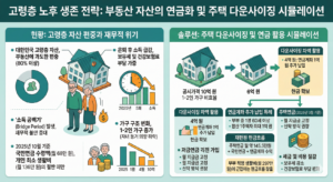 고령층 노후 생존 전략: 부동산 자산의 연금화 및 주택 다운사이징 시뮬레이션 인포그래픽. 좌측은 고령층 자산의 부동산 편중, 소득 급감, 보유세 부담 등 현황을 분석하고 '자산의 유동화'를 생존 전략으로 제시합니다. 우측은 공시가격 10억 원 주택을 6억 원으로 다운사이징 시 4억 원 차액 활용(주택연금 가입, 연금계좌 추가 납입)을 통한 평생 월 소득 확보, 부부 적정 생활비(297만 원) 도달, 보유세 및 건보료 절감 효과를 시뮬레이션으로 명확히 보여줍니다.