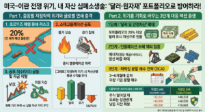 [미국-이란 전쟁 위기, 내 자산 심폐소생술: '달러·원자재' 포트폴리오로 방어하라!] 왼쪽 패널은 호르무즈 해협 봉쇄 리스크와 전 세계 해상 물동량 20% 통과 데이터, 스태그플레이션 공포, VIX 지수 급등 및 자금 이탈 현황을 분석합니다. 지정학적 위기 시 금, 달러, 유가는 상승하고 S&P500은 하락하는 자산군별 수익률 그래프를 포함합니다. 오른쪽 패널은 위기를 기회로 바꾸는 3단계 대응 액션 플랜으로 달러 및 안전자산 20% 이상 확대, 에너지 및 방산 섹터 집중, 3~6개월 분할 매수 전략(DCA)을 제안합니다. 달러 자산 배분을 통한 포트폴리오 방어 성공 시뮬레이션을 통해 준비된 투자자의 자산 방어 핵심을 명쾌하게 전달합니다.