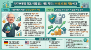[워런 버핏의 경고: "책임 없는 재정 적자는 미래 세대의 약탈이다"] 워런 버핏은 재정 적자의 본질을 정치인의 '책임 부재'로 파악하고 파격적인 법제화를 제안했습니다. 재정 적자가 GDP의 3%를 초과하면 현직 의원의 재선 자격을 박탈해야 한다는 이 제안은 정치인의 개인적 이해관계를 재정 건전성과 직결시키는 강력한 장치입니다. 인포그래픽은 왼쪽 패널에 버핏 제안의 논리와 기대 효과를 담고, 오른쪽 패널에는 글로벌 부채 위기 속에서 개인이 취해야 할 실전 대응 전략(생산적 자산 집중, 절세 계좌 활용, 글로벌 배분)을 제시합니다. 하단에는 독일과 미국의 재정 준칙 사례를 비교하고, 데이터 기반의 Q&A를 통해 버핏 제안의 핵심을 명확히 설명합니다.