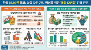 [환율 1530원 돌파: 실질 자산 가치 방어를 위한 '통화 다변화' 긴급 진단 인포그래픽] 원/달러 환율 1,530원 도달로 국내 자산의 달러 기준 가치가 27.5% 하락하는 리스크를 분석했습니다. 비용 인상 인플레이션과 금리 역전으로 외국인 자금이 이탈하고 원화 가치 하락의 악순환이 발생합니다. 이에 대한 해결책으로 달러 환노출(UH)형 ETF 활용, 현금 흐름의 달러화(미국 배당주/리츠), 눌림목 분할 매수 전략을 제시하며, 국내 자산에만 집중한 투자자보다 통화 다변화(5:5 배분)를 실행한 투자자의 원화 환산 평가액이 12% 상승함을 시뮬레이션으로 보여줍니다. 추가로 환차익 수혜 수출 우량주 및 금 자산 10% 편입을 권장합니다.