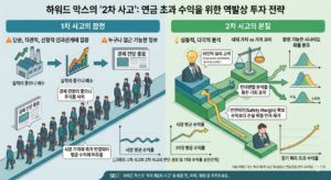 [하워드 막스의 '2차 사고': 연금 초과 수익을 위한 역발상 투자 전략 인포그래픽] 왼쪽 패널은 단순하고 직관적인 '1차 사고'의 함정을 설명하며 현상만 보고 판단하여 시장 평균 수익에 머무르는 한계를 지적합니다. 군중심리와 획일적인 판단 경로를 시각화했습니다. 오른쪽 패널은 심층적이고 다각적인 '2차 사고'의 본질을 소개하며 타인의 심리, 내재 가치와 가격의 괴리, 안전마진을 고려하여 장기 복리 효과를 극대화하고 MDD를 방어하는 역발상 전략을 제안합니다. 다각적 시나리오 분석과 우상향하는 복리 수익률 곡선을 시각화하여 2026년 연금 운용의 성패를 가르는 2차 사고의 중요성을 강조합니다.