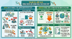 [코스피 5% 급락 쇼크, 변동성 매커니즘 이해와 필승 자산 방어 전략] 왼쪽 패널은 마진콜, 프로그램 매매 등 시스템적 하락 원인과 개인 투자자의 70%가 패닉 셀을 경험하는 손실 회피 편향 심리, 반대매매 위험을 분석합니다. 오른쪽 패널은 하락 폭에 따른 원금 회복 수익률 비교, 현금 20% 보유 시 초과 수익 달성 사례, 글로벌 안전 자산 분산 투자 및 펀더멘털 점검 등 단계별 대응 전략을 제시합니다.