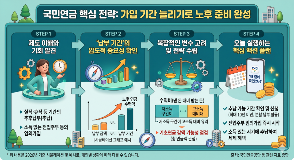 [국민연금 핵심 전략: 가입 기간 늘리기로 노후 준비 완성] 2.5D/3D 스타일의 통합 인포그래픽으로, 국민연금 가입 기간을 늘려 노후 수령액을 높이는 4가지 단계를 설명합니다. 1단계는 제도 이해(추납 및 임의가입), 2단계는 가입 기간의 중요성 확인(그래프 시뮬레이션), 3단계는 변수 고려 및 전략 수립(수익비 및 기초연금), 4단계는 실행 액션 플랜(앱 확인 및 신청)을 시각화했습니다. Teal 및 Green 주 색상에 Orange 포인트 컬러를 사용했습니다.