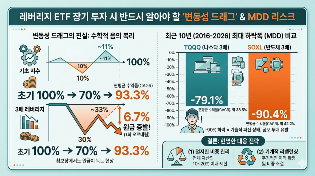 3배 레버리지 ETF(TQQQ, SOXL) 투자 시 변동성 드래그로 인한 원금 손실 사례와 10년간 최대 하락폭(MDD)을 비교하는 인포그래픽. 하락장에서의 큰 손실폭과 원금 회복의 어려움을 직관적으로 보여주며, 철저한 비중 관리와 리밸런싱의 중요성을 강조합니다.
