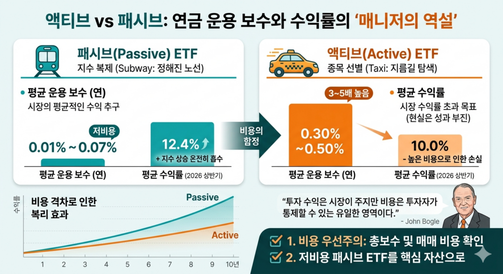 2026년 상반기 데이터 기준, 패시브 ETF(수익률 12.4%, 보수 약 0.05%)와 액티브 ETF(수익률 10.0%, 보수 약 0.35%)를 비교한 인포그래픽. 액티브는 높은 운용 보수와 매매 비용으로 인해 지수 대비 2.4%p 성과가 낮음을 시각적으로 대조하며, 저비용 패시브 ETF를 핵심 자산으로 권장함.