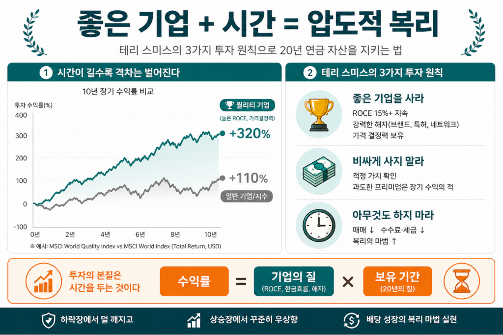 퀄리티 기업 투자 전략을 요약한 인포그래픽으로, 높은 ROCE와 가격 결정력을 가진 기업을 장기 보유할 때 복리 수익이 극대화됨을 보여준다.