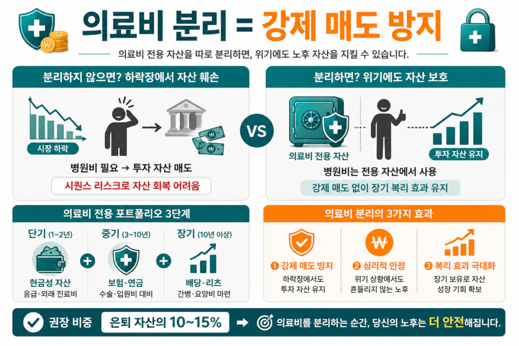 의료비 자산을 따로 분리하면 하락장에서 투자 자산 매도를 막아 노후 자산을 보호한다는 단순 구조 인포그래픽.