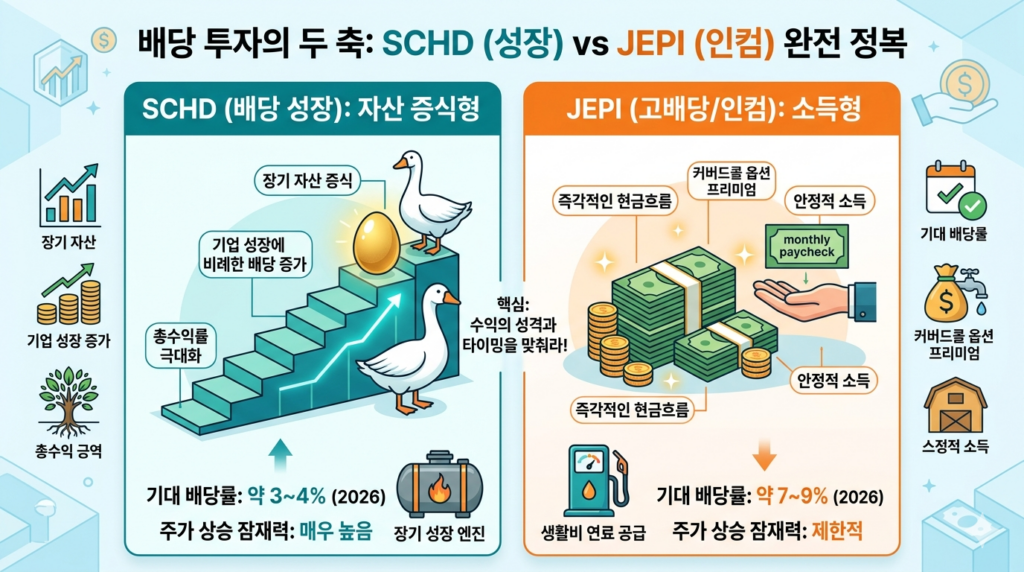 SCHD와 JEPI의 특징을 비교한 인포그래픽. SCHD는 장기 자산 증식과 배당 성장에 초점을 맞춘 '자산 증식형'으로, 낮은 초기 배당률(3~4%)과 높은 주가 상승 잠재력을 가집니다. JEPI는 즉각적인 고정 현금흐름에 초점을 맞춘 '소득형'으로, 높은 배당률(7~9%)과 제한된 주가 상승 잠재력을 가집니다. 투자 목적에 맞춘 선택이 핵심입니다.