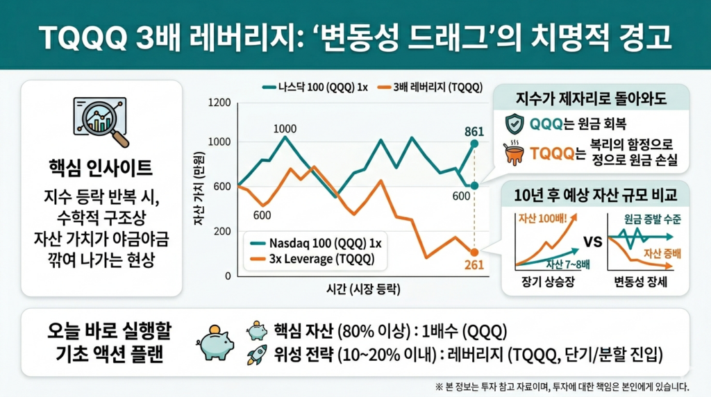 나스닥 100 지수의 등락에 따른 QQQ(1배)와 TQQQ(3배)의 자산 추이를 비교한 인포그래픽. 지수가 상승 후 하락하여 제자리로 돌아왔을 때, QQQ는 원금을 보존하지만 TQQQ는 변동성 드래그(Volatility Drag)로 인해 자산이 크게 감소함을 시각적으로 보여줍니다.