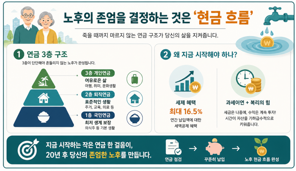 노후 준비에서 자산 규모보다 매달 들어오는 현금 흐름이 중요하며, 연금 3층 구조와 세제 혜택이 핵심임을 간단히 보여주는 인포그래픽