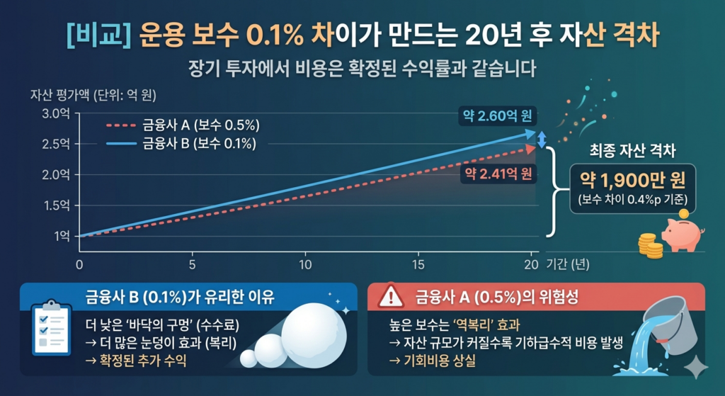 1억 원을 20년 동안 연평균 5.0% 수익률로 운용할 때, 운용 보수에 따른 자산 격차를 보여주는 비교 그래프입니다. 운용 보수가 0.5%인 금융사 A는 20년 후 약 2.41억 원이 되는 반면, 보수가 0.1%인 금융사 B는 약 2.60억 원이 되어 약 1,900만 원의 차이가 발생합니다.