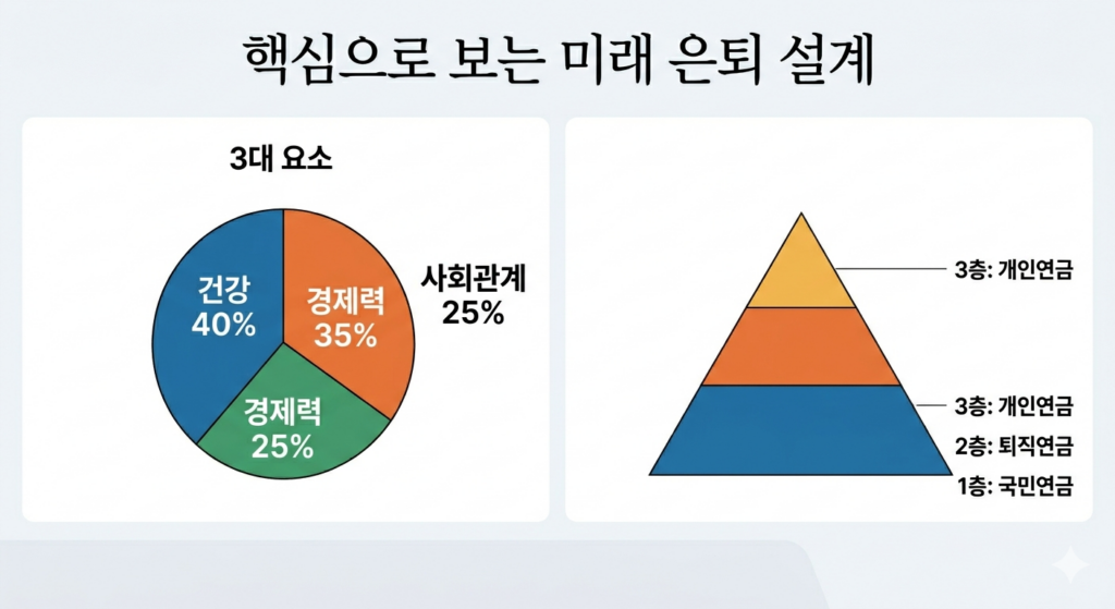'핵심으로 보는 미래 은퇴 설계'라는 제목 하에 두 개의 그래프가 있습니다.

왼쪽은 '3대 요소'를 나타내는 원형 파이 차트입니다. 은퇴 삶의 만족도를 결정하는 요소로 건강(40%), 경제력(35%), 사회관계(25%) 세 가지의 비율이 균형 있게 표시되어 있습니다.

오른쪽은 '지속 가능한 시스템'을 위한 피라미드 형태의 연금 구조도입니다. 가장 하단의 '1층: 국민연금'부터 시작하여, '2층: 퇴직연금', 가장 상단의 '3층: 개인연금'까지 다층 연금 구조를 통해 노후 현금 흐름을 확보해야 함을 보여줍니다.
