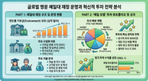 ​[글로벌 명문 예일대 재정 운영과 혁신적 투자 전략 분석] 왼쪽 패널은 연도별 기부금 규모가 2020년 31.2억 달러에서 2023년 41.4억 달러로 성장했음을 보여주며, 주요 수입원(운용 수익 55%)과 지출 분야를 상세히 기술합니다. 오른쪽 패널은 '예일 모델'의 핵심인 사모펀드, 헤지펀드 중심의 자산 배분 현황과 전통적 포트폴리오 대비 높은 12%의 연평균 수익률 성과를 시각화하여 투자 전략의 우수성을 강조합니다.