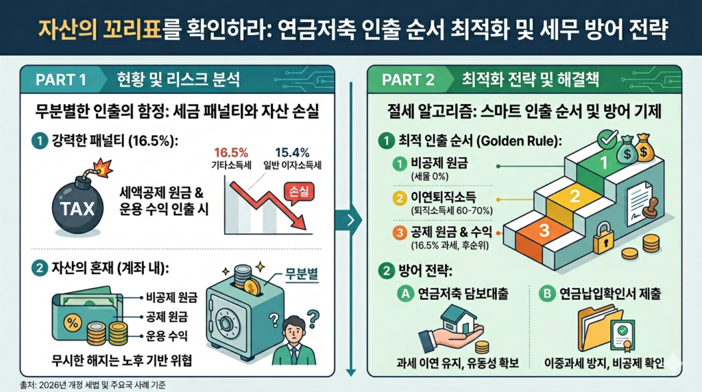 ​[자산의 꼬리표를 확인하라: 연금저축 인출 순서 최적화 및 세무 방어 전략] 연금저축 중도 인출 시 16.5%의 기타소득세 패널티와 자산 혼재 리스크를 분석하고, 세금이 없는 비공제 원금부터 이연퇴직소득, 공제 원금 순으로 인출하는 최적의 절세 알고리즘과 담보대출 활용 방안을 제시하는 인포그래픽입니다. 무분별한 해지의 위험성을 정확히 경고하고 있습니다.