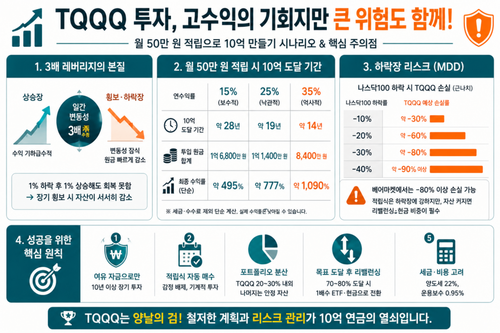 TQQQ 레버리지 ETF의 상승 시 복리 효과와 하락 시 변동성 잠식으로 인한 큰 손실 구조를 간단히 보여주는 인포그래픽