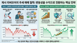 이 인포그래픽은 전설적인 투자자 제시 리버모어의 핵심 투자 원칙을 '좌우 2패널' 구조로 시각화하여 복잡한 정보를 직관적으로 전달합니다. 신뢰감을 주는 Teal(블루) 및 Green을 주 색상으로 사용하고, 강조 데이터에는 Orange를 활용하여 시선을 유도합니다.

상단 중앙: '제시 리버모어의 추세 매매 철학: 변동성을 수익으로 전환하는 핵심 전략'이라는 메인 제목이 배치되어 있습니다.

왼쪽 패널 (Part 1 - 문제 및 현황): '실패하는 투자자의 일반적 패턴: 시장에 대항하는 태도'라는 소제목 아래, 하락장에서 흔히 범하는 실수들을 보여줍니다. 특히, '1억 원 투자자 A (물타기) 시뮬레이션' 그래프는 시장의 하락과 반등 과정에서 투자자 A가 저점에서 물량을 던지고 소외되어 최종 자산이 6,500만 원으로 쪼그라드는 모습을 시각적으로 보여줍니다.

오른쪽 패널 (Part 2 - 해결책 및 전략): '성공하는 투자자의 리버모어 원칙: 시장에 순응하는 전략'이라는 소제목 아래, 변동성을 수익으로 바꾸는 구체적인 실행 방안들을 제시합니다. '1억 원 투자자 B (리버모어 원칙) 시뮬레이션' 그래프는 시장의 하락장에서는 관망하다가, 상승 추세 전환 확인 후 분할 매수를 통해 수익을 극대화하여 최종 자산이 1억 4,000만 원에 도달하는 모습을 시각적으로 보여줍니다.