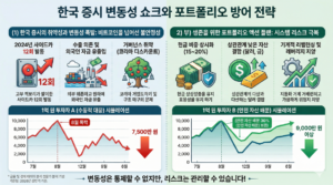 이 인포그래픽은 한국 증시의 극심한 변동성 현황과 대응 포트폴리오 전략을 '좌우 2패널'로 보여줍니다. Teal(블루), Green, Orange 색상을 사용했습니다.
왼쪽 패널: '한국 증시의 취약성과 변동성 폭발'을 제목으로, 2024년 12회의 사이드카 발동, 수출 의존 및 거버넌스 취약 등 시장 불안 요인을 분석합니다. 시뮬레이션 그래프는 8월 폭락장에서 수동적으로 대응한 투자자 A의 자산이 7,500만 원으로 쪼그라드는 모습을 보여줍니다.
오른쪽 패널: '생존을 위한 포트폴리오 액션 플랜'을 제목으로, 현금 비중 15~20% 유지, 달러/금 등 상관관계 낮은 자산 배분, 리밸런싱 및 레버리지 지양 전략을 제시합니다. 시뮬레이션 그래프는 안전 자산 배분을 통해 손실을 10% 이내로 방어하여 우상향하는 투자자 B의 모습을 보여줍니다.
하단: 전문가 분석 기반임을 명시하며 '변동성은 통제할 수 없지만, 리스크는 관리할 수 있다'는 핵심 메시지를 강조합니다.