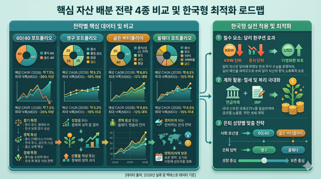 이 인포그래픽은 자산 배분의 정의와 4대 전략(60/40, 영구, 골든 버터플라이, 올웨더)의 핵심 특징 및 데이터를 비교하고, 한국 투자자를 위한 실전 적용 전략을 하나의 통합 패널로 보여줍니다. 상단에는 전략별 주요 자산 비중과 2026년 기준 예상 CAGR 및 최대 낙폭(MDD) 데이터(60/40: ~7.5%/-20%+, 영구: ~5.2%/-10%-, 골든 버터플라이: ~6.8%/~12%, 올웨더: ~6.5%/~15%)를 시각화했습니다. 하단에는 한국 시장의 필수 요소인 '달러 환쿠션 효과'와 절세 계좌(연금저축/IRP) 활용 팁, 그리고 생애 주기에 맞춘 전략 선택(사회초년생: 성장형 vs 은퇴 임박: 보존형) 가이드를 제시합니다. 데이터 출처는 2026년 실측 및 백테스트 기준입니다.