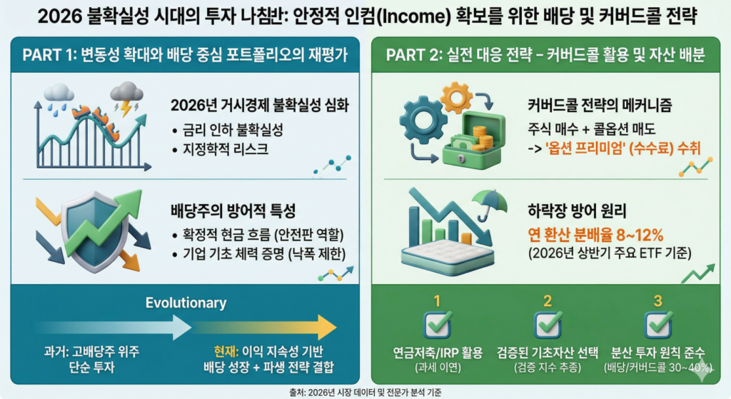 [2026 불확실성 시대의 투자 나침반: 안정적 인컴(Income) 확보를 위한 배당 및 커버드콜 전략]이라는 메인 제목의 좌우 2패널 인포그래픽입니다.

왼쪽 패널(Teal 테마)은 '변동성 확대와 배당 중심 포트폴리오의 재평가'를 주제로 합니다. 롤러코스터 아이콘과 함께 금리 불확실성 등 '2026년 거시경제 심화'를 설명하고, 방패 아이콘으로 낙폭을 제한하는 '배당주의 방어적 특성'을 시각화했습니다. 하단에는 과거 '단순 투자'에서 현재 '배당 성장 및 파생 전략 결합'으로의 '패러다임 진화'를 화살표로 나타냈습니다.

오른쪽 패널(Green 테마)은 '실전 대응 전략'을 주제로 합니다. 기어와 현금 아이콘으로 '옵션 프리미엄(수수료)'을 수취하는 '커버드콜 전략의 메커니즘'을 설명하고, 완충 지대 아이콘으로 연 환산 분배율 8~12%를 제공하는 '하락장 방어 원리'를 강조했습니다. 하단에는 연금 계좌 활용, 검증된 기초자산 선택, 분산 투자 준수의 '액션 플랜'을 번호 순으로 정리했습니다.

최하단에는 '출처: 2026년 시장 데이터 및 전문가 분석 기준'이 명시되어 있습니다.