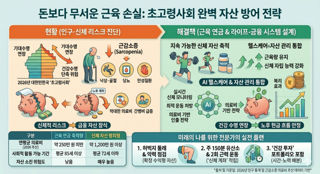 [돈보다 무서운 근육 손실: 초고령사회 완벽 자산 방어 전략] 인포그래픽은 좌측 '현황(인구·신체 리스크)'에서 초고령사회 진입에 따른 근감소증이 막대한 의료비와 간병비 급증을 유발하여 은퇴 계좌를 잠식하는 과정을 시각화했습니다. 우측 '해결책(근육 연금·시스템 설계)'에서는 AI 헬스케어 기반의 지속 가능한 신체 자산 축적이 건강 수명 연장과 노후 현금 흐름 안정을 가져옴을 보여줍니다. 하단에는 두 집단의 의료비 및 자산 소진 속도 비교 표와 허벅지 둘레 점검 등 3단계 전문가 실전 플랜을 통합하여 제시합니다. (약 350자)