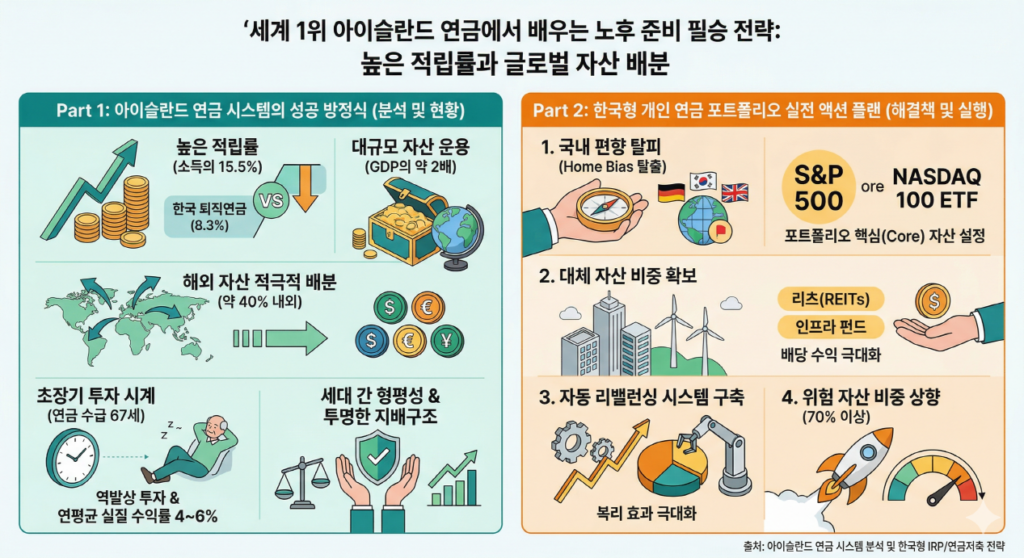 [아이슬란드 연금 vs 한국형 실전 전략] 왼쪽 패널은 아이슬란드의 성공 요인인 높은 적립률(15.5%)과 대규모 자산 운용(GDP 2배)을 분석합니다. 오른쪽 패널은 개인 투자자를 위한 한국형 실전 액션 플랜으로 글로벌 자산 배분(S&P 500 ETF 중심)과 대체 투자 비중 확대를 제안합니다.