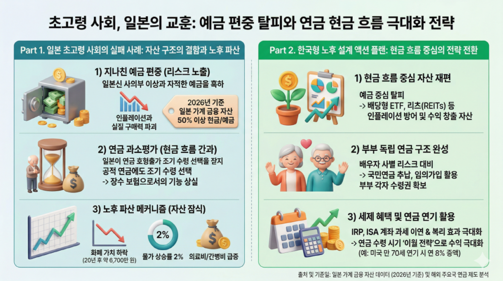[초고령 사회, 일본의 교훈: 예금 편중 탈피와 연금 현금 흐름 극대화 전략]

일본 은퇴자의 자산 구조 결함과 한국형 노후 설계 전략을 보여줍니다.

[좌측 패널: 일본 초고령 사회의 실패 사례 - 자산 구조의 결함과 노후 파산]

지나친 예금 편중: 예금 비중 50% 이상으로 인플레이션에 취약.

연금 과소평가: 조기 수령으로 종신 지급 기능 상실.

노후 파산 메커니즘: 물가 상승과 건강 자산 투자 미비로 인한 자산 잠식.

[우측 패널: 한국형 노후 설계 액션 플랜 - 현금 흐름 중심의 전략 전환]

현금 흐름 중심 자산 재편: 배당 ETF, 리츠 등으로 전환.

부부 독립 연금 구조 완성: 국민연금 추납, 임의가입 활용.

세제 혜택 및 연금 연기 활용: IRP/ISA 활용 및 연금 이월 전략.