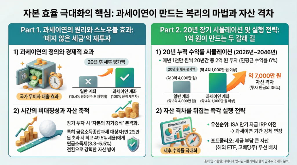 [왼쪽 패널: 과세이연의 원리와 스노우볼 효과 - '떼지 않은 세금'의 재투자]
과세이연이 자산을 어떻게 불리는지 원리를 설명합니다.

과세이연의 정의와 경제적 효과: 소득세를 인출 시점까지 이연하여 '국가 무이자 대출'과 같은 효과를 냄을 시각화합니다. 일반 계좌는 수익 발생 시 15.4% 원천징수 후 재투자하지만, 과세이연 계좌는 100% 전액 재투자됨을 비교합니다.

시간의 비대칭성과 자산 축적: 장기 투자 시 '자본의 자기증식' 과정이 본격화됨을 설명합니다. 특히 금융소득종합과세 대상자(연 2천만 원 초과 시 최고 49.5% 세율)에게는 연금소득세(3.3~5.5%)로 전환되는 강력한 자산 방어 수단임을 아이콘으로 보여줍니다.

[오른쪽 패널: 20년 장기 시뮬레이션 및 실행 전략 - 1억 원이 만드는 두 갈래 길]
구체적인 수치와 포트폴리오 전략을 제시합니다.

20년 누적 수익률 시뮬레이션 (2026년~2046년): 매년 1천만 원씩 20년간 총 2억 원 투자 (연평균 수익률 6%) 가정. 20년 후 일반 계좌는 세후 약 3억 4천만 원인 반면, 과세이연 계좌는 세금 정산 후에도 약 4억 1천만 원 이상으로, 약 7천만 원(투자 원금의 35%)의 자산 격차가 발생함을 막대그래프로 비교합니다.

자산 격차를 뒤집는 즉각 실행 전략: 세후 수익률 극대화를 위한 우선순위를 제안합니다. ISA 만기 자금을 IRP로 이전하여 과세이연 기간을 연장하고, 해외 ETF나 고배당주처럼 세금 부담이 큰 자산을 과세이연 계좌에 우선 배치하는 전략을 포트폴리오 아이콘과 함께 설명합니다.