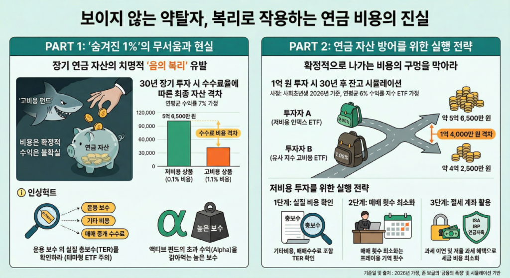 [보이지 않는 약탈자, 복리로 작용하는 연금 비용의 진실] 인포그래픽은 30년 장기 투자 시 비용의 파괴력을 시각화했습니다. 왼쪽 패널 '현실과 문제'에서는 연평균 수익률 7% 가정 시 비용 1% 차이가 30년 후 자산 규모를 약 30% 이상 벌어지게 하며, 테마형 ETF 등의 숨겨진 실질 비용(TER)이 수익을 갉아먹는 '금융의 폭정'을 경고합니다. 오른쪽 패널 '해결과 실행 전략'에서는 1억 원 투자 시 30년 후 0.05% 저비용 ETF(5.65억)와 1.05% 고비용 ETF(4.25억)의 1억 4천만 원 자산 격차 시뮬레이션을 보여주며, TER 확인, 매매 최소화, 절세 계좌 활용의 3단계 실행 전략을 제시합니다.