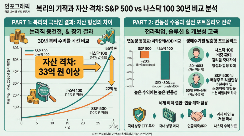 [하락장을 이기는 연금 배당 투자 전략: 변동성 억제와 세제 혜택] 인포그래픽은 좌우 2패널 구조로 구성되어 있습니다. 왼쪽 패널은 '배당주의 하방 경직성 및 변동성 억제 메커니즘'을 설명하며, 시장 하락 시 배당 수익률 상승에 따른 저가 매수세 유입과 일반 지수 대비 낮은 변동성(12~14% vs 20% 이상) 유지를 시각화했습니다. 오른쪽 패널은 '하락장에서 빛을 발하는 배당 재투자 및 세제 혜택'을 다루며, 하락장에서 배당 재투자를 통한 주식 수 확대(달러 비용 평균화 효과)와 시장 반등 시 수익률 극대화를 보여줍니다. 또한 일반 계좌 대비 연금 계좌(연금저축, IRP)의 과세 이연 및 저율 연금소득세(3.3~5.5%) 혜택을 강조합니다. 하단에는 "출처 및 기준일: 금융 데이터 분석 기반 2026년 시뮬레이션 및 현행 세법 기준"이 표기되어 있습니다.