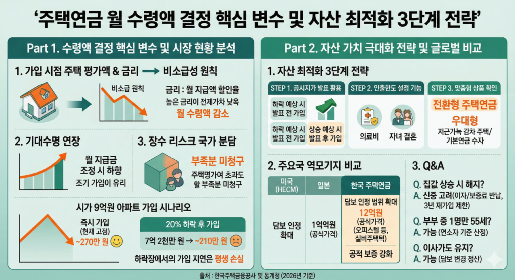 [주택연금 월 수령액 결정 핵심 변수 및 자산 최적화 3단계 전략] 왼쪽 패널은 가입 시점의 주택 가격, 산정 이율(금리), 기대수명 연장 등 수령액을 결정하는 외부 변수와 시장 상황 분석을, 오른쪽 패널은 공시지가 활용, 인출한도 설정, 상품 전환 등 자산 가치를 극대화하기 위한 구체적인 실행 전략과 Q&A를 담고 있다.