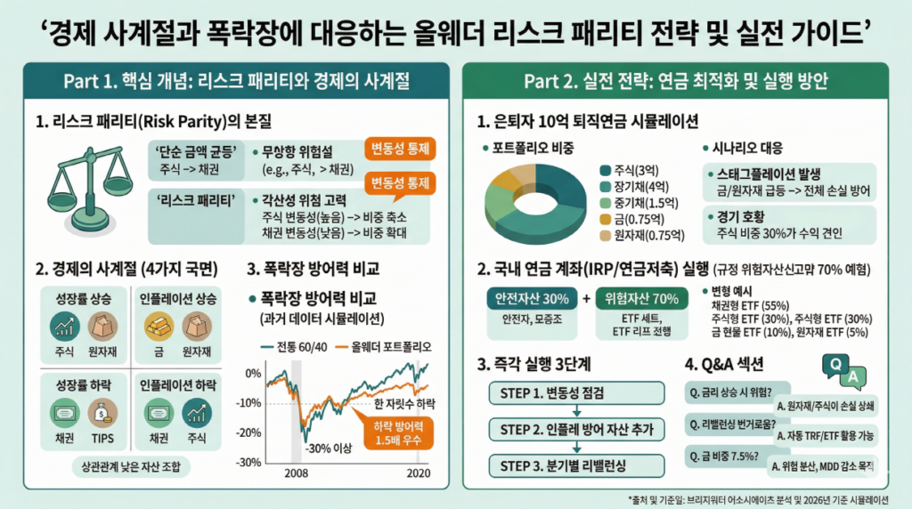 [경제 사계절과 폭락장에 대응하는 올웨더 리스크 패리티 전략 및 실전 가이드] 왼쪽 패널은 레이 달리오의 올웨더 핵심 개념인 리스크 패리티(위험 균형)를 설명하고, 경제 성장률과 인플레이션에 따른 4가지 국면(사계절)별 유리한 자산군을 분석한다. 또한 과거 금융위기 시 전통 포트폴리오 대비 하락 방어력을 시각화한다. 오른쪽 패널은 10억 원 퇴직연금 운용 시뮬레이션을 통해 스태그플레이션과 호황 국면의 대응 결과를 보여주고, 국내 연금 계좌(IRP/연금저축)에서 위험자산 70% 제한을 고려한 실제 올웨더 포트폴리오 구성 비율과 3단계 실행 전략을 제시한다. 하단에는 채권 금리 상승 영향, 금의 역할 등에 대한 Q&A를 포함한다.