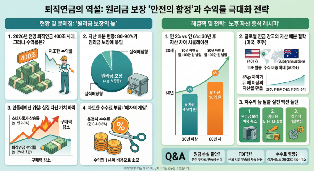 거대한 퇴직연금 시장(400조 전망)에도 불구하고 2%대 저수익으로 노후 자산이 위협받고 있다. 대다수 적립금(80-90%)이 원리금 보장에 묶여 인플레이션 위험에 노출된 현황을 진단한다. 해결책으로 미국·호주의 성공 사례(TDF, 주식 비중 확대)를 벤치마킹하여, 연 2% vs 연 6% 수익률 차이가 30년 후 자산 규모를 두 배 이상 벌리는 복리 효과를 시각화했다. 실전 액션 플랜으로 원리금 보장 비중 축소, 저비용 ETF/TDF 활용, 정기 리밸런싱을 제안한다.