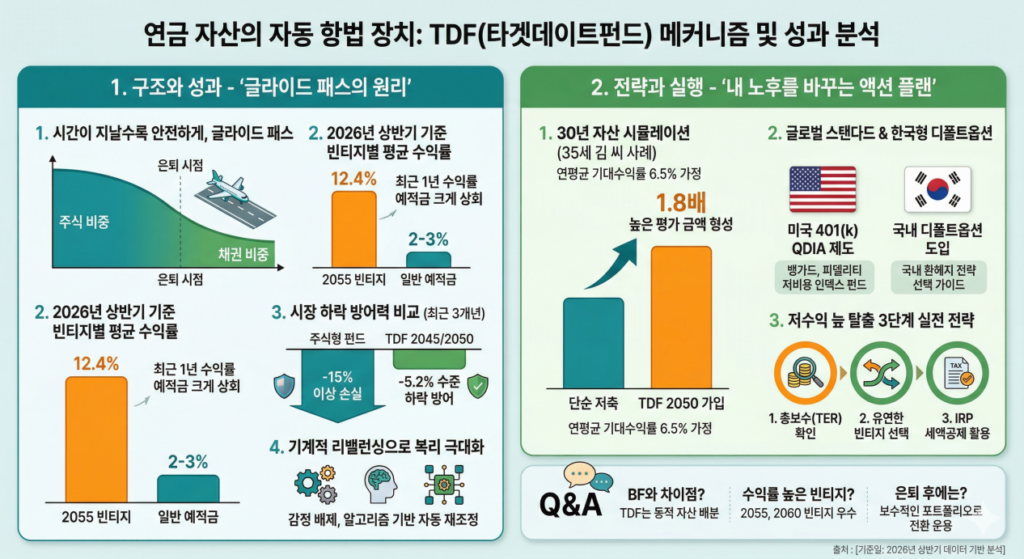 [연금 자산의 자동 항법 장치: TDF 메커니즘 및 성과 분석] 은퇴 시점에 맞춰 자산 비중을 자동으로 조정하는 '글라이드 패스'의 원리와 2055 빈티지가 연 12.4% 수익률을 기록한 2026년 데이터를 시각화했다. 35세 김 씨가 TDF 2050 가입 시 단순 저축 대비 1.8배 높은 자산을 형성하는 시뮬레이션과 함께 미국·한국의 제도 비교, 저보수 및 IRP 활용 등 3단계 실전 전략을 제시한다.