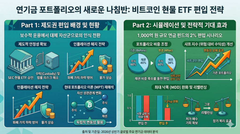 [연기금 포트폴리오의 새로운 나침반: 비트코인 현물 ETF 편입 전략] 글로벌 연기금의 비트코인 현물 ETF 편입 현황(좌)과 전략적 기대 효과(우)를 비교 분석한 인포그래픽. 왼쪽 패널은 제도권 편입 배경과 인플레이션 헤지 수요, 현대 포트폴리오 이론(MPT)에 기반한 독자적 변동성 활용을 설명합니다. 오른쪽 패널은 1,000억 원 규모 펀드의 2% 편입 시나리오를 통해 MDD 완화 등 샤프 지수 개선 효과와 리밸런싱을 통한 장기 복리 효과를 제시합니다.