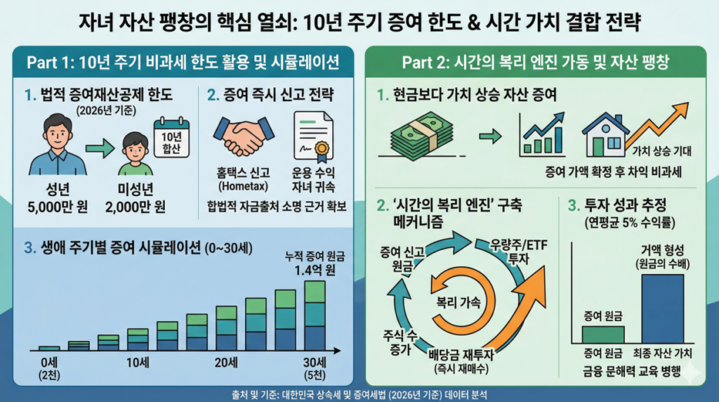 [자녀 자산 팽창의 핵심 열쇠: 10년 주기 증여 한도 & 시간 가치 결합 전략] 10년 주기 비과세 증여 한도 활용(좌)과 시간의 복리 엔진 가동 전략(우)을 비교 분석한 인포그래픽. 왼쪽 패널은 성년 5천만 원, 미성년 2천만 원 한도와 '증여 즉시 신고'의 중요성, 0세부터 30세까지의 누적 원금 1.4억 원 시뮬레이션을 설명합니다. 오른쪽 패널은 현금보다 '가치 상승 자산' 증여의 유리함과 배당 재투자를 통한 '복리 엔진' 구축, 연평균 5% 운용 시 30세 시점 원금의 수배에 달하는 거액 형성이라는 복리 효과를 제시합니다.