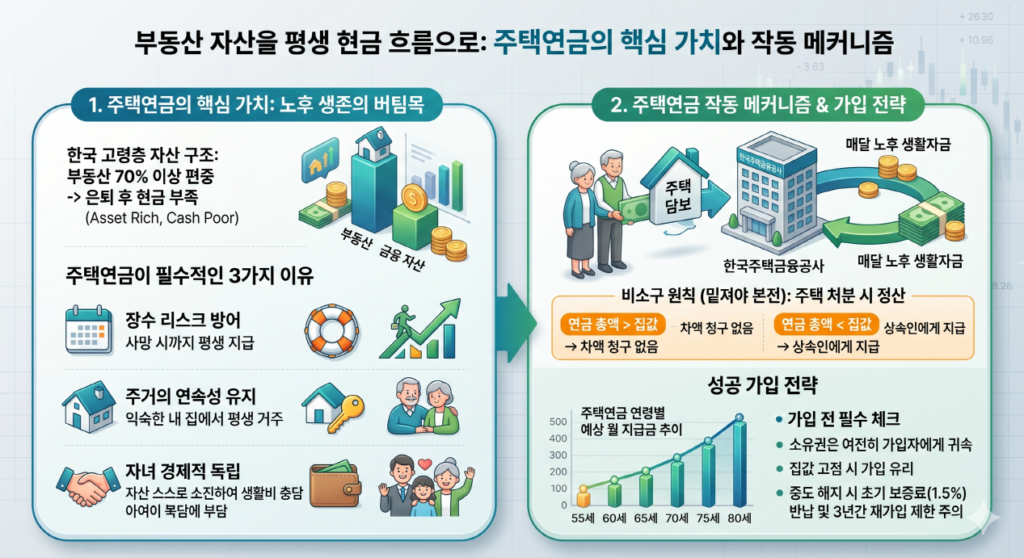 [부동산 자산을 평생 현금 흐름으로: 주택연금의 핵심 가치와 작동 메커니즘] 이 인포그래픽은 Teal(블루)과 Green 색상을 주축으로, Orange로 핵심 정보를 강조하는 세련된 2.5D/3D 스타일의 단일 통합 패널 구조입니다. 상단에는 "부동산 자산을 평생 현금 흐름으로: 주택연금의 핵심 가치와 작동 메커니즘"이라는 메인 제목이 자리합니다.