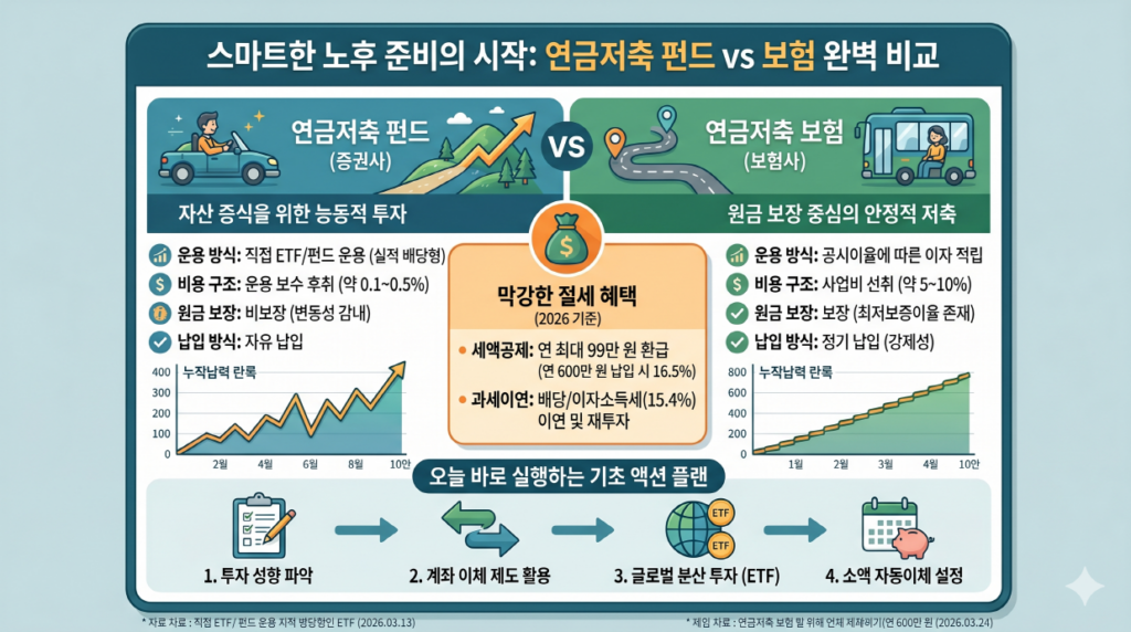 연금저축 펀드와 보험의 차이점을 분석한 인포그래픽입니다. 펀드는 직접 운용하여 높은 수익을 추구하며 변동성을 감내하는 반면, 보험은 공시이율에 따라 안정적인 수익을 제공하지만 사업비가 발생합니다. 2026년 기준 최대 99만 원의 세액공제와 과세이연 혜택을 제공하며, 각자의 투자 성향에 맞는 선택과 실행이 중요합니다.
