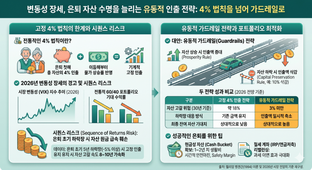 전통적인 4% 법칙은 고정 인출 방식으로, 2026년과 같은 변동성 장세에서는 '시퀀스 리스크'(은퇴 초기 하락장)로 인해 자산 고갈 위험(약 18%)이 높습니다. 대안인 '유동적 가드레일 전략'은 시장 상황에 따라 인출액을 조정(Prosperity/Capital Preservation Rule)하여 원금을 방어하고 자산 수명을 연장합니다(고갈 위험 3% 미만). 현금 버킷 확보와 절세 계좌 리밸런싱이 성공적인 은퇴의 팁입니다.