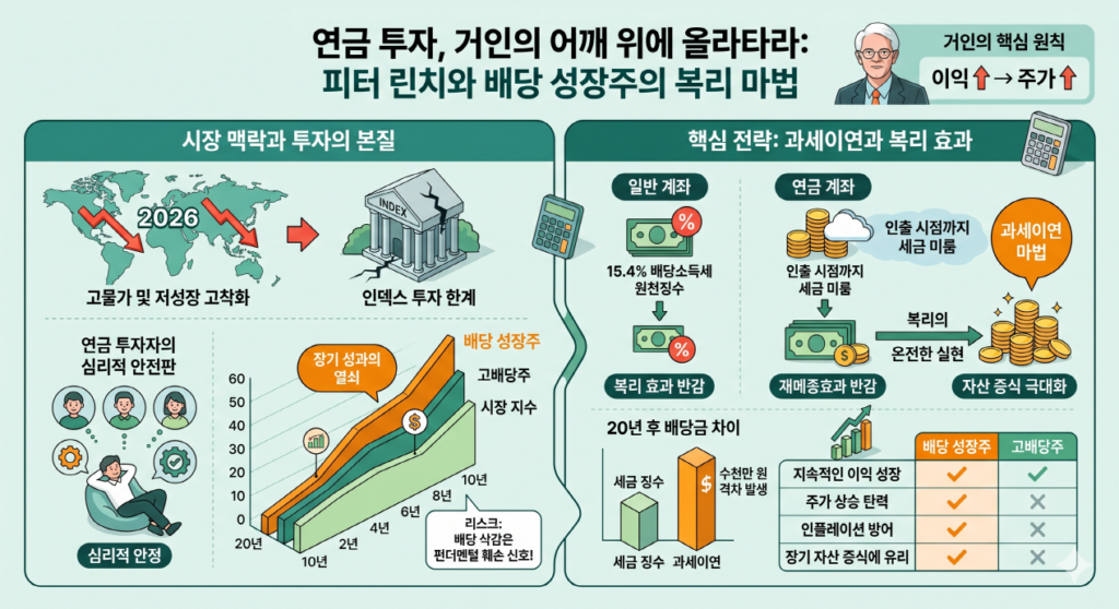피터 린치 원칙(이익↑→주가↑)과 저성장·고물가 속 배당 성장주의 중요성, 일반계좌 대비 연금계좌의 과세이연 효과를 그래프와 플로우차트로 비교해 복리 마법을 설명한다.
