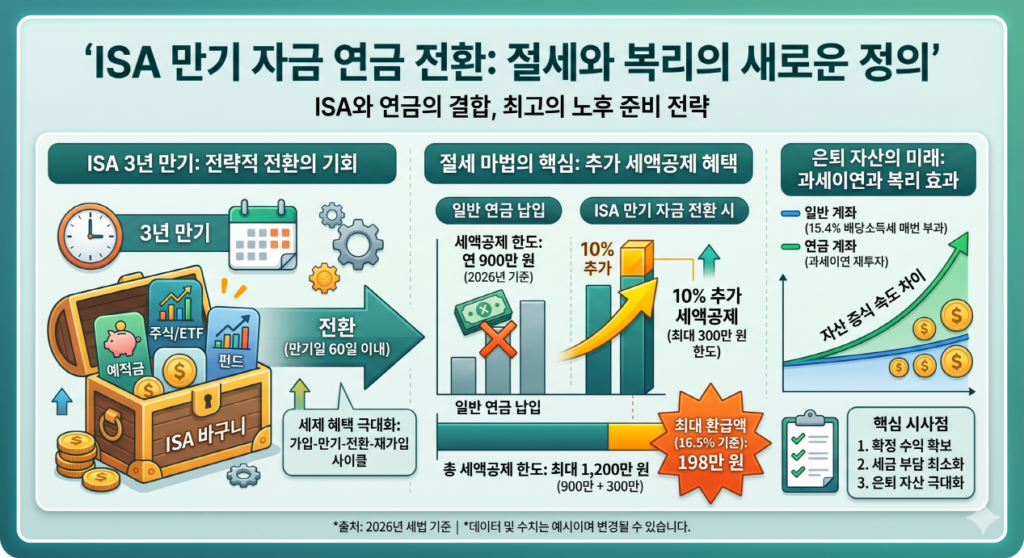 이 인포그래픽은 2026년 세법을 기준으로 ISA 만기 자금을 연금계좌로 전환할 때의 파격적인 혜택을 시각화하여 보여줍니다.

1. ISA 3년 만기 및 전환: 'ISA 바구니'(예적금, 주식/ETF, 펀드 포함)가 3년 만기를 맞이하면, 만기일로부터 60일 이내에 연금계좌로 '전환'할 수 있습니다. 이는 '가입-만기-전환-재가입'의 세제 혜택 극대화 사이클을 형성합니다.

2. 추가 세액공제 혜택: 일반 연금 납입 시 세액공제 한도는 연 900만 원이지만, ISA 만기 자금을 전환하면 '전환액의 10%(최대 300만 원 한도)'가 추가됩니다. 즉, 총 세액공제 한도가 최대 1,200만 원으로 늘어납니다. (예: 16.5% 세율 적용 시 최대 198만 원 환급).

3. 은퇴 자산의 미래: 일반 계좌(15.4% 배당소득세 매번 부과) 대비 연금 계좌는 '과세이연'을 통해 세금을 내지 않고 재투자되어 '복리 효과'를 누립니다. 그래프는 자산 증식 속도의 확연한 차이를 보여줍니다.

4. 핵심 시사점: 1. 확정 수익 확보, 2. 세금 부담 최소화, 3. 은퇴 자산 극대화를 통해 성공적인 노후 준비가 가능합니다.