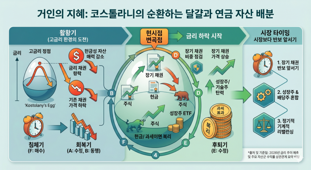 [거인의 지혜: 코스톨라니의 순환하는 달걀과 연금 자산 배분] 인포그래픽은 이미지 정중앙에 금리 정점과 침체를 6단계(A~F)로 순환하는 하나의 완성된 '코스톨라니 달걀' 모델을 배치했습니다. 현 시점인 '고금리 정점' 변곡점에서 '금리 하락 시작' 단계로 이어지는 흐름을 명시하며, 각 단계별로 장기 채권, 성장주, 현금 비중을 조정하는 실전 가이드(채권 비중 점검, 성장주 혼합, 기계적 리밸런싱)를 유기적으로 통합하여 시각화했습니다.