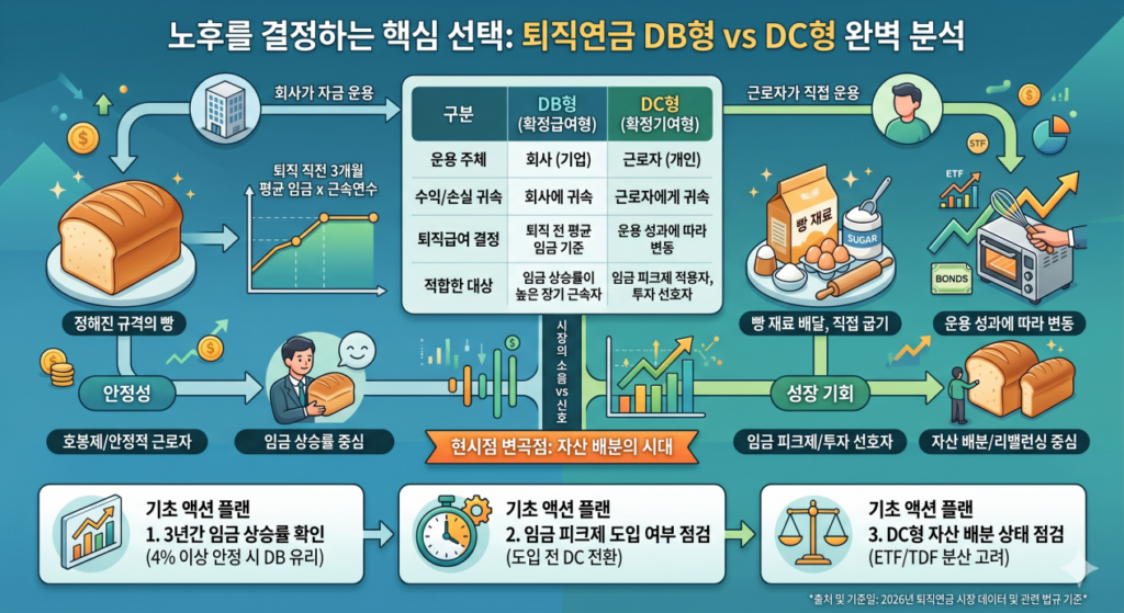 [노후를 결정하는 핵심 선택: 퇴직연금 DB형 vs DC형 완벽 분석] 인포그래픽은 하나의 통합 패널로, 왼쪽에는 DB형(확정급여형)의 '회사 운용, 정해진 빵' 개념과 '임금 상승률 중심' 수익 구조를, 오른쪽에는 DC형(확정기여형)의 '근로자 운용, 빵 재료' 개념과 '운용 성과 중심' 수익 구조를 비교 시각화했습니다. 중앙에는 두 제도의 핵심 차이점(운용 주체, 수익 귀속, 퇴직급여 결정, 적합 대상)을 표로 정리하고, 하단에는 '3년간 임금 상승률 확인', '임금 피크제 도입 여부 점검', 'DC형 자산 배분 상태 점검'이라는 3단계 실행 플랜을 제시하여 사용자에게 명확한 의사결정 기준을 전달합니다. (약 320자)
