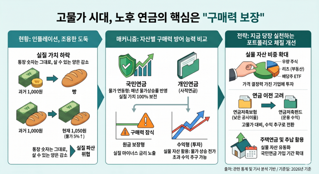 [고물가 시대, 노후 연금의 핵심은 "구매력 보장"] 인플레이션으로 인한 화폐 가치 하락 현황과 국민연금(물가 연동형), 개인연금(수익형)의 방어 메커니즘을 비교하고, 실물 자산 비중 확대 및 연금 이전 등 구매력 수호를 위한 3단계 포트폴리오 체질 개선 전략을 보여주는 통합 인포그래픽입니다.