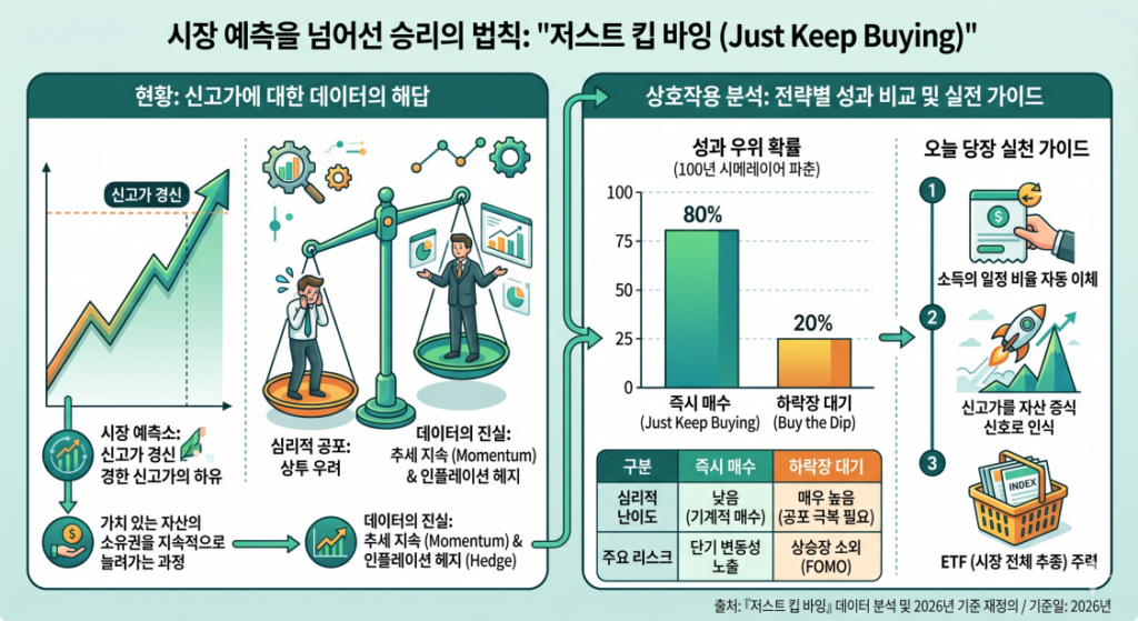 [시장 예측을 넘어선 승리의 법칙: "저스트 킵 바잉"] 닉 마줄리의 데이터 기반 투자 철학을 요약한 통합 인포그래픽입니다. 좌측에는 신고가의 공포를 극복하고 '지속적 매수'가 우상향 자산의 본질임을 설명하는 현황을, 우측에는 100년 이상의 데이터를 분석하여 '즉시 매수' 전략이 '하락장 대기' 전략보다 성과 우위 확률(약 80%)과 심리적 난이도(낮음) 면에서 압도적으로 유리함을 보여주는 비교 차트와 3단계 실전 가이드(자동 이체, 신고가를 자산 증식 신호로 인식, ETF 주력)를 배치했습니다.
