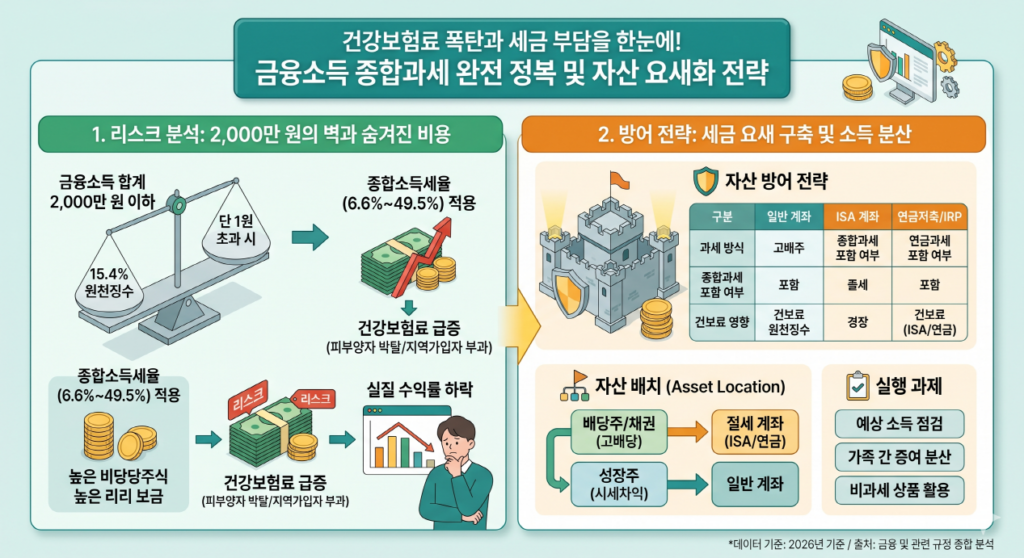인포그래픽은 2,000만 원 초과 시 종합과세 및 건강보험료 부담 급증 리스크를 시각화하고, 이를 대비하기 위해 ISA, 연금저축 등 절세 계좌를 활용한 소득 형태 분산 및 효율적인 자산 배치 전략을 통한 실질 수익률 방어 메커니즘을 상세히 설명합니다.