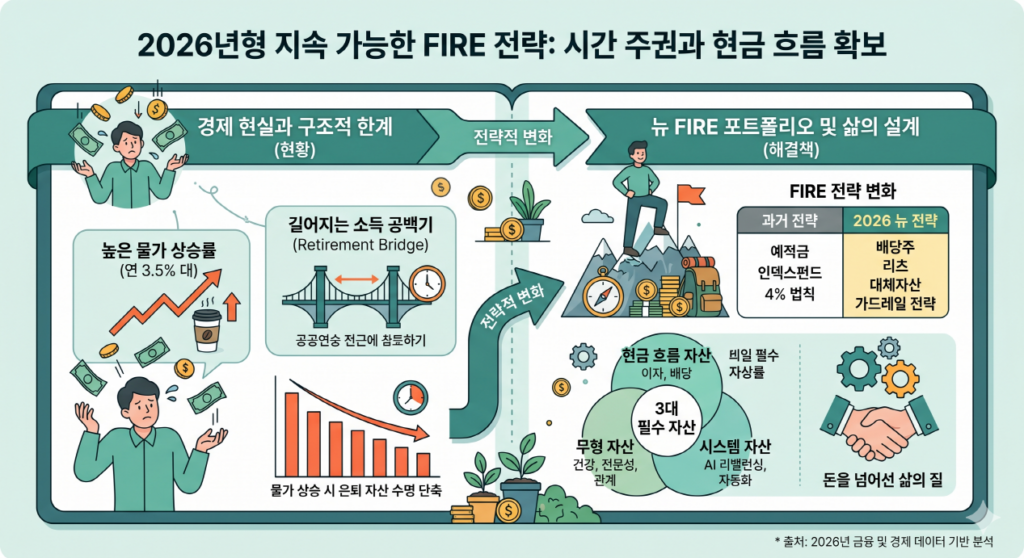 인포그래픽은 경제 현실 분석과 해결책을 좌우로 배치했다. 왼쪽(현황)은 높은 물가와 소득 공백기로 은퇴 자산 수명이 단축되는 문제를 진단한다. 오른쪽(해결책)은 배당주, 리츠 등 현금 흐름 자산과 건강, 관계 등 무형 자산을 포함한 '뉴 FIRE 전략'으로의 변화를 강조하며 궁극적으로 '돈을 넘어선 삶의 질'을 추구하는 금융 시스템 구축을 제안한다.