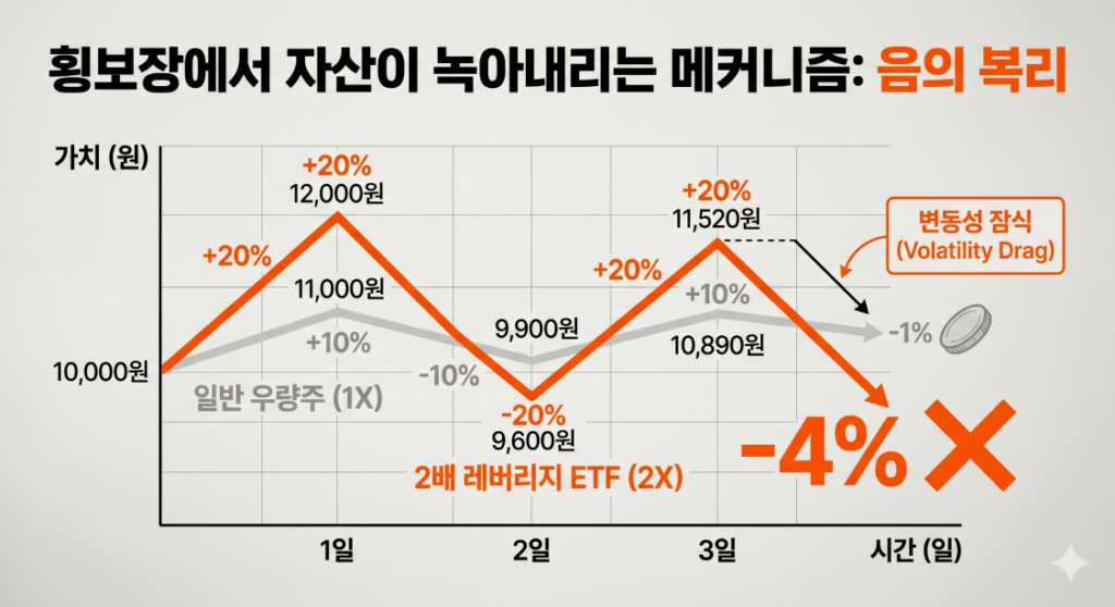기초 자산이 10% 상승 후 10% 하락했을 때, 일반 주식은 -1% 손실인 반면 2배 레버리지는 -4%로 손실이 4배 증폭됨을 보여주는 비교 차트입니다. 횡보장에서 발생하는 '음의 복리' 위험을 시각화했습니다.