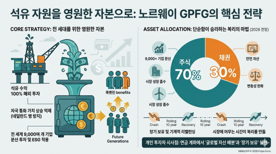 노르웨이 국부펀드(GPFG)의 핵심 전략을 담은 인포그래픽. 석유 수익을 100% 해외에 투자해 네덜란드 병을 방지하는 구조와, 주식 70%·채권 30%의 단순하지만 강력한 자산 배분 원칙을 Teal과 Orange 색상으로 시각화함.